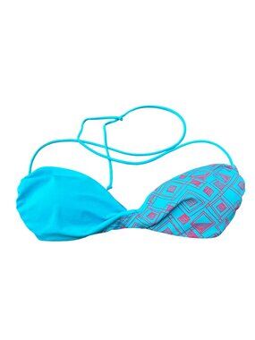 Kiona XL Blue Pink Geometric Print Bikini Top Halter Tie Swimwear Retro Y2K NWT